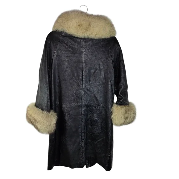 Vtg 60s Black Leather Fur Collar Cuffs Penny Lane Coat - Picture 2 of 13
